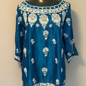 Maya Teal and White Floral Silk Tunic by Amaya. Beautifully hand embroidery